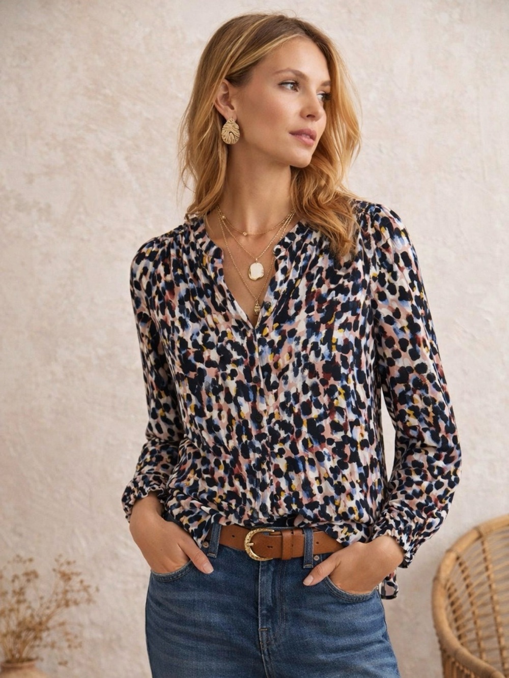 Beach Lunch Lounge Animal Print Watercolor Boho Office‎ Casual Blouse Top Small